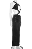 Black Halter Cross-Cutout Bodycon Maxi Dress Fitted Evening Gown
