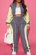 Grey Color-Block Stripe Cropped Jacket & Wide-Leg Pants Set Casual Sporty Two-Piece Outfit