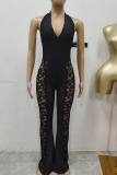 Black Deep V Halter Neck Lace Panel Jumpsuit Edgy Bodycon Wide-Leg Romper