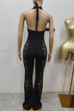 Black Deep V Halter Neck Lace Panel Jumpsuit Edgy Bodycon Wide-Leg Romper