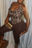 Leopard Print Halter Top & Leggings Two-Piece Set Edgy Retro Fitted Outfit