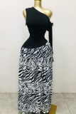 Black Sleeveless Contrast Zebra Print Maxi Dress Fitted Waist Retro Edgy Gown