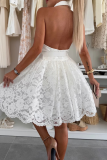 White Halter Neck Blazer Collar Lace Dress Waist-Fit Buttoned Edgy Mini Gown