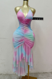 Colour Halter Neck Tie-Dye Ruched Asymmetrical Dress Edgy Bodycon Mermaid Midi Gown