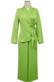 Green Blazer Two Piece Set Tie Waist Long Sleeve Wide Leg Pants Formal
