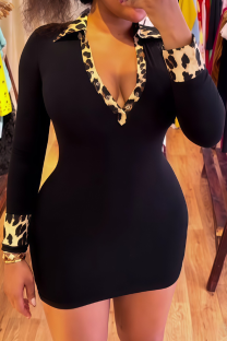Black Leopard Print Contrast Collar Bodycon Dress Edgy Retro Color-Block Mini Gown