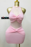 Pink Halter Neck Mesh Panel Knot Dress Edgy Bodycon Mini Gown