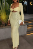 Yellow Square Neck Cutout Bodycon Maxi Dress Textured Pattern Edgy Fitted Gown
