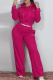 Rose Red Hoodie Tracksuit Cropped Top Wide Leg Pants Set Logo Waistband Casual