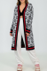 Grey Longline Cardigan Monogram Pattern Striped Trim Open Front Knit Top