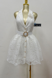 White Halter Neck Blazer Collar Lace Dress Waist-Fit Buttoned Edgy Mini Gown