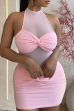 Pink Halter Neck Mesh Panel Knot Dress Edgy Bodycon Mini Gown