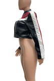 Red Color-Block Cropped Moto Jacket Retro Edgy Fitted Leather Coat