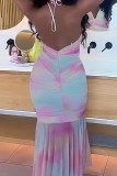 Colour Halter Neck Tie-Dye Ruched Asymmetrical Dress Edgy Bodycon Mermaid Midi Gown