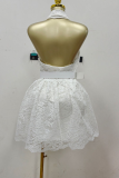 White Halter Neck Blazer Collar Lace Dress Waist-Fit Buttoned Edgy Mini Gown