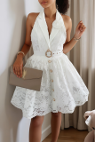 White Halter Neck Blazer Collar Lace Dress Waist-Fit Buttoned Edgy Mini Gown