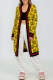 Yellow Longline Cardigan Monogram Pattern Striped Trim Open Front Knit Top