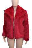 Burgundy Faux Fur Jacket Short Length Lapel Collar Casual Warm Outerwear