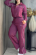Dark Purple Athletic Track Suit Long Sleeve Zip Top Wide Leg Pants Set Casual Sporty