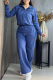 Blue Athletic Track Suit Long Sleeve Zip Top Wide Leg Pants Set Casual Sporty