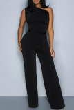 Black One Shoulder Jumpsuit Tie Waist Wide Leg Sleeveless Formal Romper