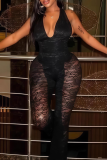 Black Deep V Halter Neck Lace Panel Jumpsuit Edgy Bodycon Wide-Leg Romper