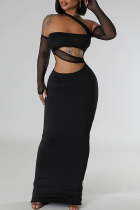 Black Cutout Maxi Dress One Shoulder Sheer Sleeve Bodycon Formal Gown