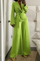 Green Blazer Two Piece Set Tie Waist Long Sleeve Wide Leg Pants Formal