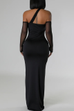 Black Cutout Maxi Dress One Shoulder Sheer Sleeve Bodycon Formal Gown