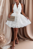 White Halter Neck Blazer Collar Lace Dress Waist-Fit Buttoned Edgy Mini Gown