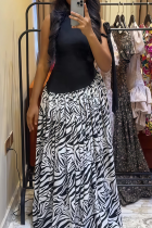 Black Sleeveless Contrast Zebra Print Maxi Dress Fitted Waist Retro Edgy Gown
