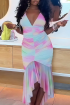 Colour Halter Neck Tie-Dye Ruched Asymmetrical Dress Edgy Bodycon Mermaid Midi Gown