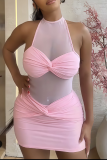 Pink Halter Neck Mesh Panel Knot Dress Edgy Bodycon Mini Gown