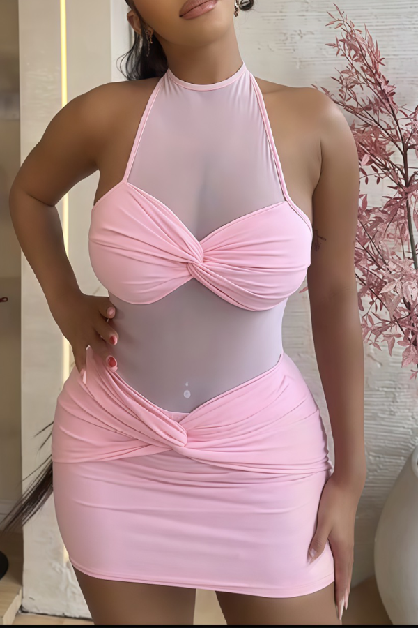 Pink Halter Neck Mesh Panel Knot Dress Edgy Bodycon Mini Gown
