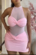 Pink Halter Neck Mesh Panel Knot Dress Edgy Bodycon Mini Gown