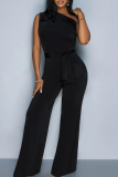 Black One Shoulder Jumpsuit Tie Waist Wide Leg Sleeveless Formal Romper