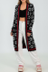 Black Longline Cardigan Monogram Pattern Striped Trim Open Front Knit Top