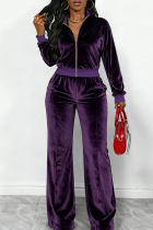 Purple Velvet Two Piece Set Zip Jacket Wide Leg Pants Casual Track Suit