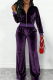 Purple Velvet Two Piece Set Zip Jacket Wide Leg Pants Casual Track Suit