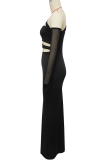 Black Cutout Maxi Dress One Shoulder Sheer Sleeve Bodycon Formal Gown