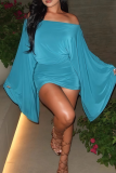 Peacock Blue Casual Solid Color Patchwork Off Shoulder Wrapped Skirt Dresses