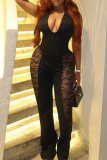 Black Deep V Halter Neck Lace Panel Jumpsuit Edgy Bodycon Wide-Leg Romper