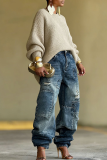 Blue Distressed Baggy Jeans Patch Detail Loose Fit Casual Denim Pants