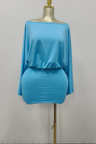 Peacock Blue Casual Solid Color Patchwork Off Shoulder Wrapped Skirt Dresses