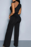 Black One Shoulder Jumpsuit Tie Waist Wide Leg Sleeveless Formal Romper