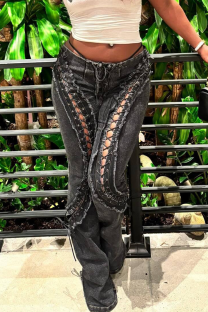 Black Side Lace-Up Cutout Flared Jeans Edgy Y2K Statement Denim Pants