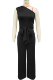 Black One Shoulder Jumpsuit Tie Waist Wide Leg Sleeveless Formal Romper