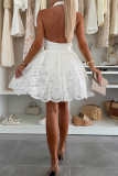 White Halter Neck Blazer Collar Lace Dress Waist-Fit Buttoned Edgy Mini Gown