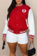Red Baseball Jacket Button Front Striped Trim Logo Bomber Coat Casual Outerwear