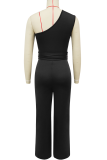 Black One Shoulder Jumpsuit Tie Waist Wide Leg Sleeveless Formal Romper